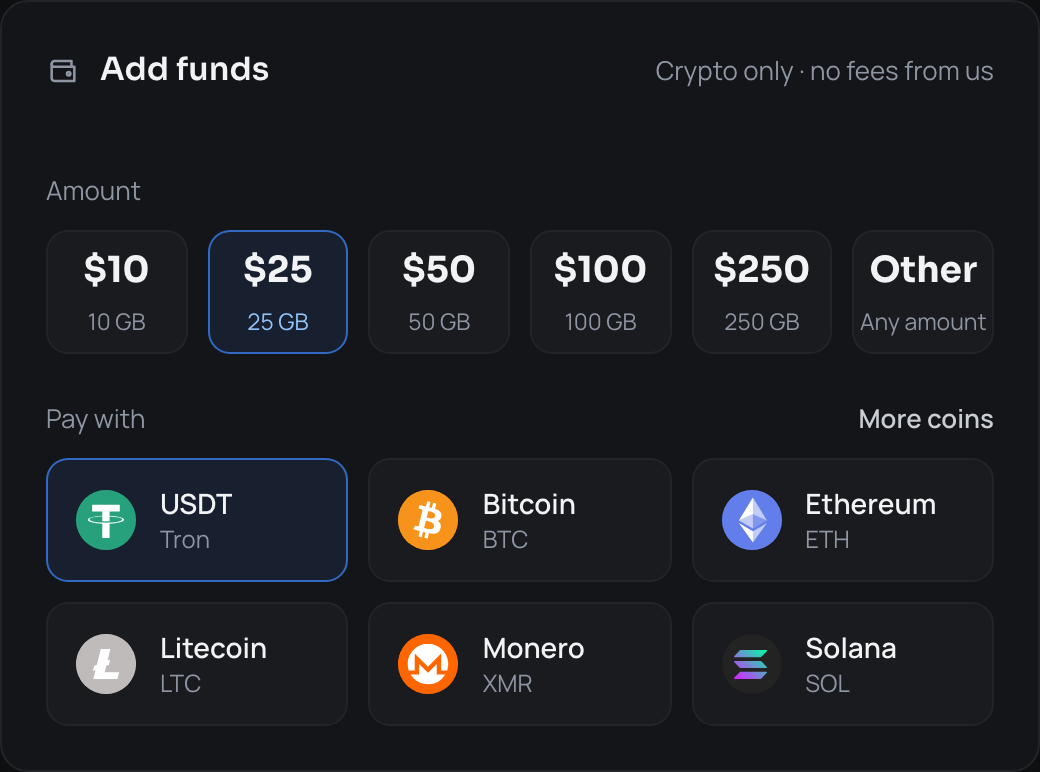 Billing page with the amount and coin selection