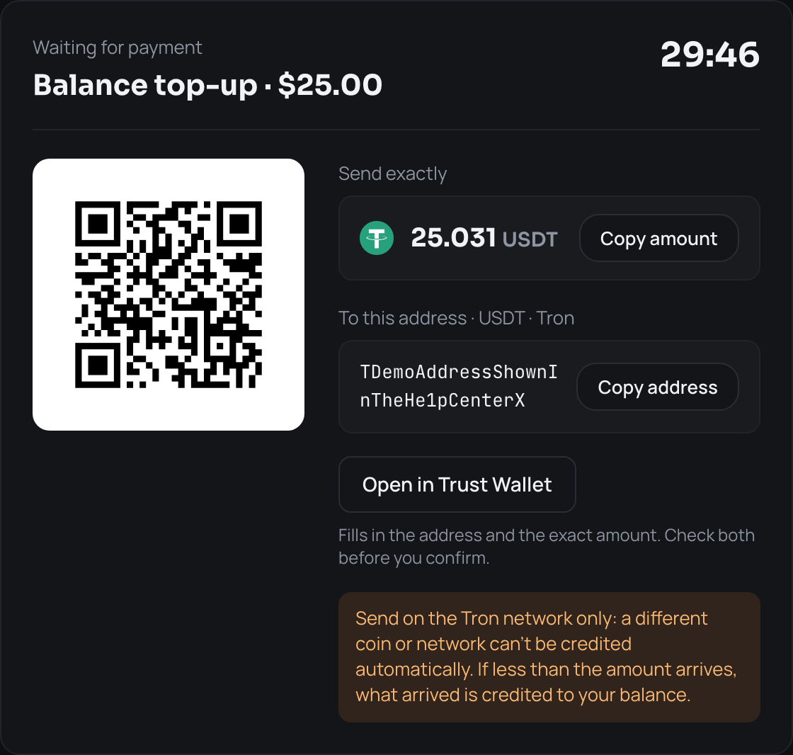 Invoice with amount, address, QR code and the Open in wallet button
